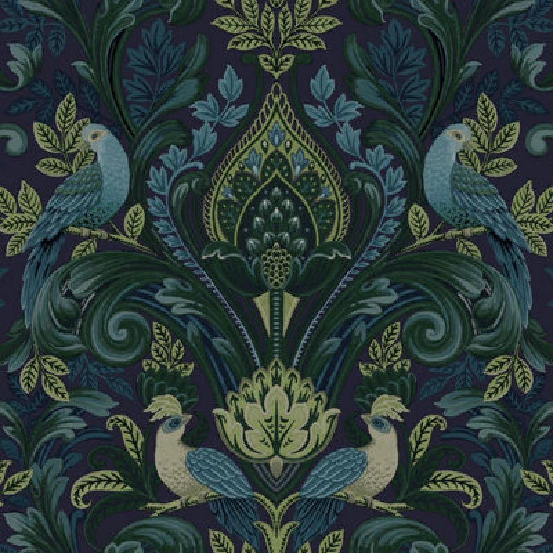 Image of Grandeco Peacock And Leaf Scrolls Opulent Damask Textured Wallpaper, Green Blue A67802
