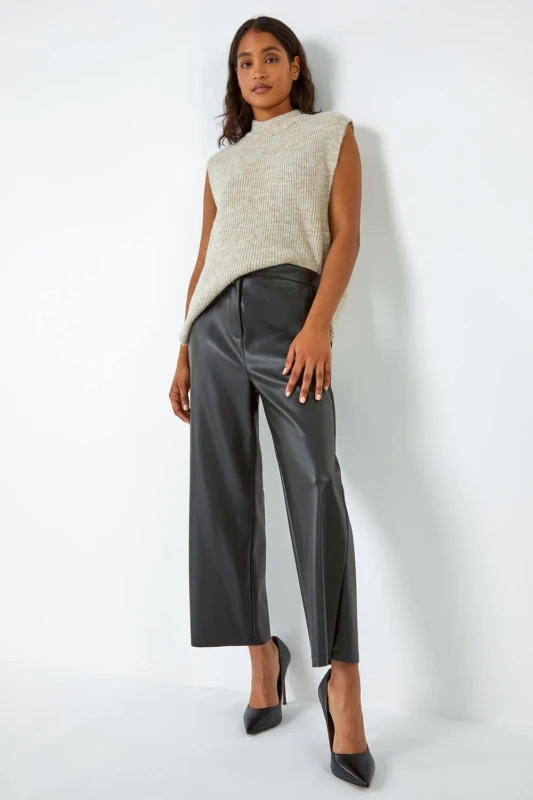 Image of Roman Faux Leather Wide Leg Crop Trousers Black