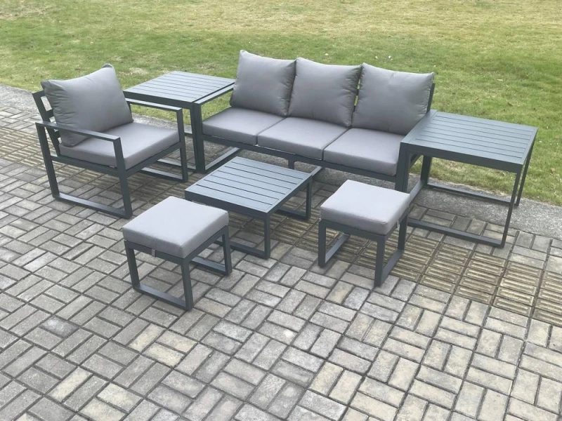 Image of Fimous Aluminium Outdoor Garden Furniture Set Patio Lounge Sofa Chair Set with Coffee Table 2 Side Tables 2 Small Footstools Conservatory Set Dark Gre