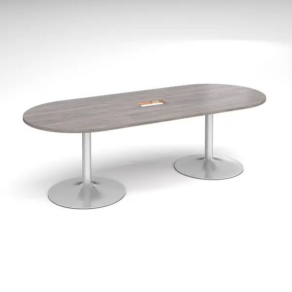 Image of Trumpet Base D - End Office Boardroom Table with Power Module Cut Out - Grey Oak - Silver Base