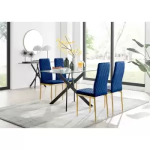 Image of Furniture Box Leonardo Black Leg Glass Dining Table and 4 Navy Velvet Milan Gold Leg Chairs
