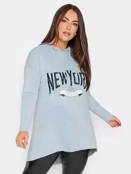 Image of Yours Print Acid Wash Cotton Hoodie, Blue, Size 18, Women