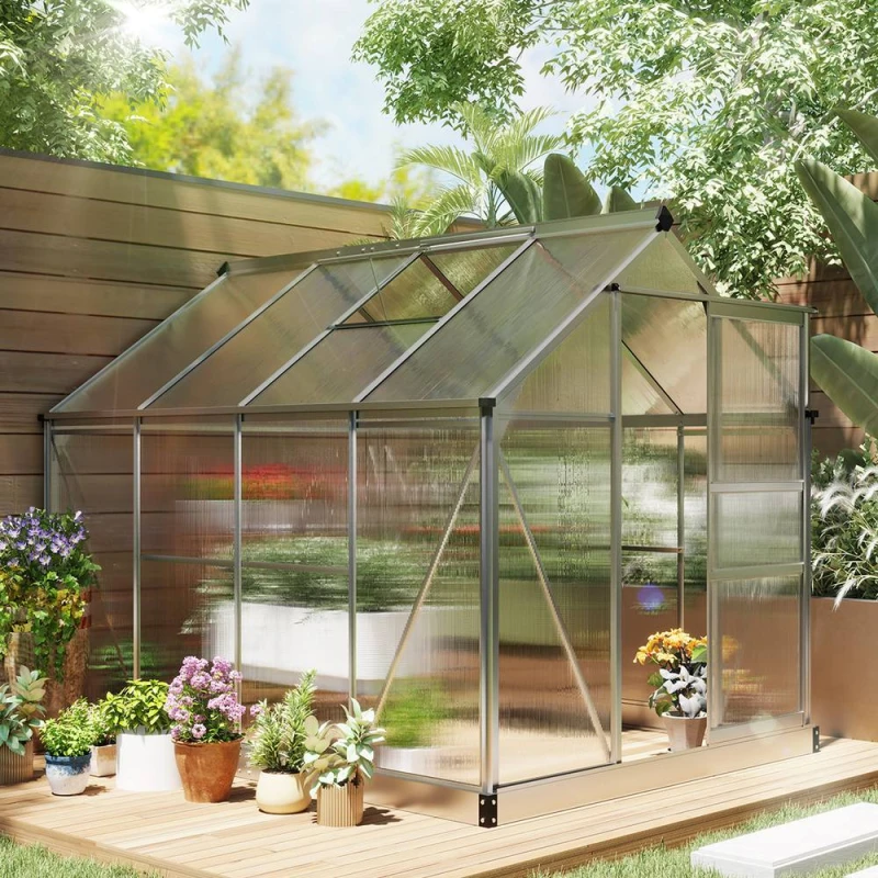 Image of OUTSUNNY 6x8ft Walk-In Polycarbonate Greenhouse Plant Grow Galvanised Aluminium in Silver Silver Unisex 6x8ft