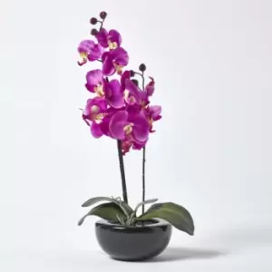 Image of Homescapes - Oriental Style Cerise Orchids in Black Bowl - Pink