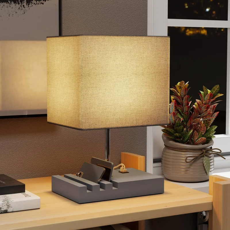 Image of HOMCOM Table Lamp with 3 Slots, Bedside Lamp with Solid Wood Base in Grey Grey Unisex