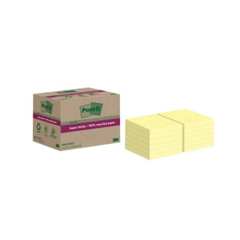 Image of Post-It Super Sticky 100% Recycled Notes Canary Yellow 76 x 76 mm...