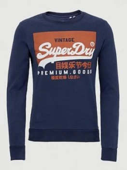 Image of Superdry Vintage Label Orange Label Crew Sweatshirt, Navy Size M Men