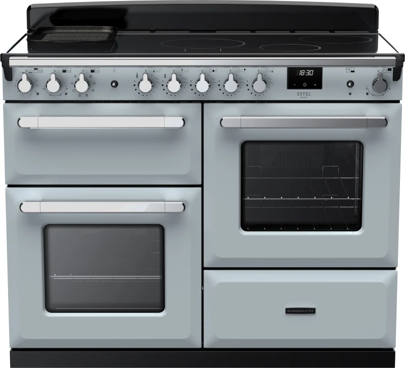 Image of Rangemaster Estel Deluxe ESDLO110EIPMSB/CM1 110cm wide Electric Range Cooker with Induction Hob - Misty Blue / Chrome - A Rated