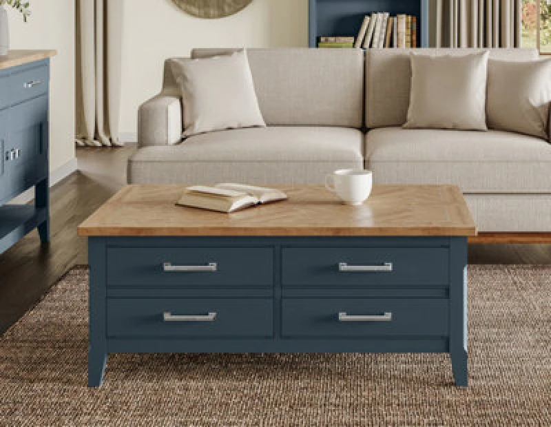 Image of Baumhaus Signature Blue Coffee Table With Drawers & Hidden Storage Trunk