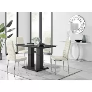 Image of Furniturebox UK - Furniturebox Imperia 4 High Gloss Black Modern Dining Table and 4 Cream Milan Faux Leather Dining Chairs With Silver Legs Diamond