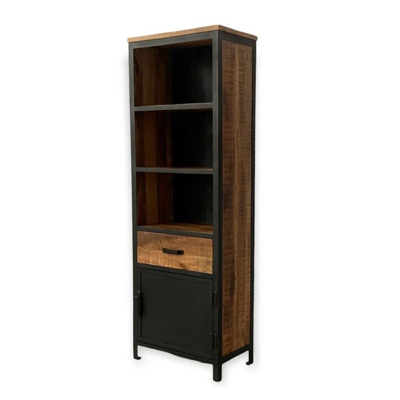 Image of Jaipur Furniture Ltd Induse 1 Drawer Large Bookcase - Mango Wood/Iron - L37 x W65 x H190cm - PP Sawn Finish in Brown Brown Unisex