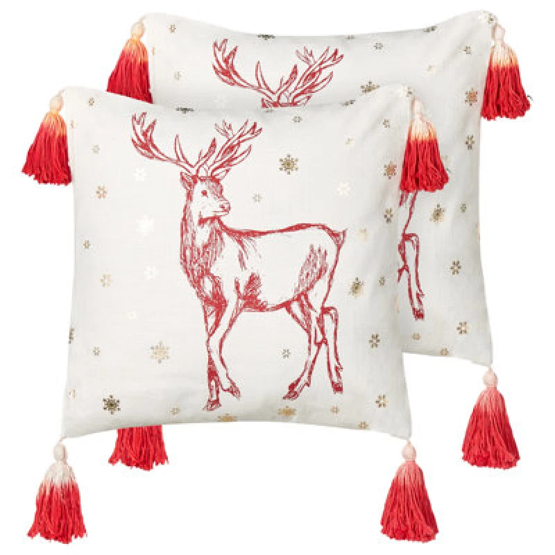 Image of Beliani Set Of 2 Decorative Cushions Vallota Cotton 45 X 45cm White Christmas Motif