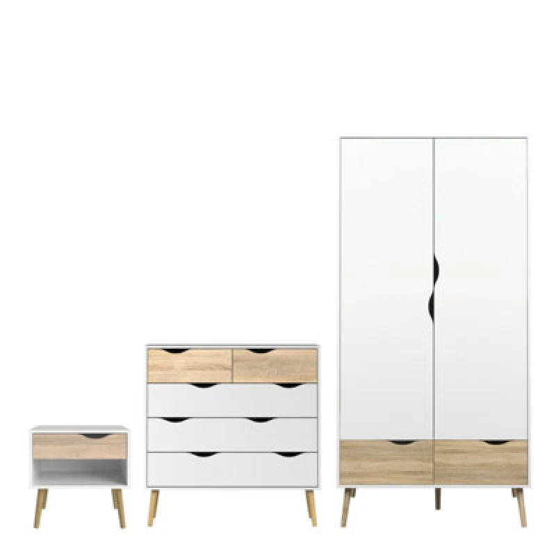 Image of Furniture To Go Oslo 3 Piece Bundle, Bedside, Chest And 2 Door 2 Drawers Wardrobe In White And Oak