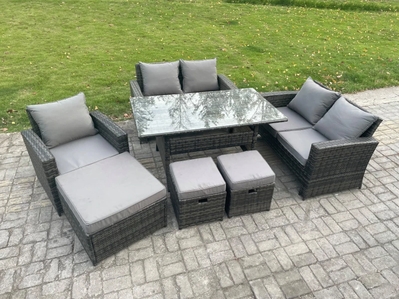 Image of Fimous 8 Seater Outdoor Garden Dining Set Wicker PE Rattan Furniture Sofa with Dining Table Double Seat Sofa Dark Grey Mixed Dark Grey Unisex