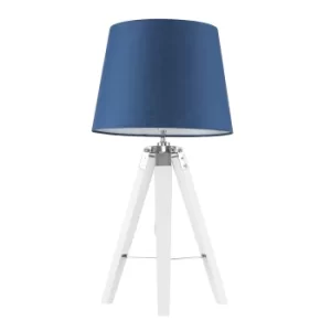 Image of Clipper White and Chrome Tripod Table Lamp with Navy Blue Aspen Shade