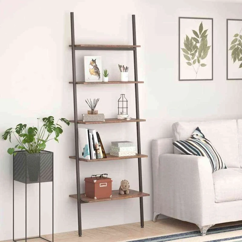 Image of Vidaxl 5-tier Leaning Shelf Dark Brown And Black 64X34X185.5 Cm, Brown 336377