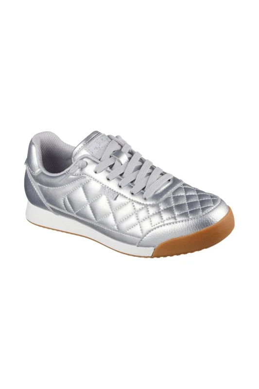 Image of Skechers Womens BOBS BILLIE WILD COMFORT Quilted Faux Lace Sneaker Silver Size: 6 Silver Female 6
