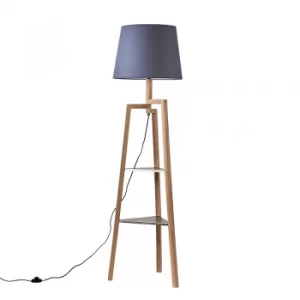 Image of Towa Light Wood Tripod Floor Lamp with Shelves and XL Grey Aspen Shade