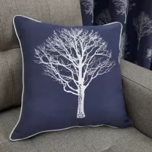 Image of Woodland Trees Print 100% Cotton Filled Cushion, Navy, 43 x 43cm - Fusion