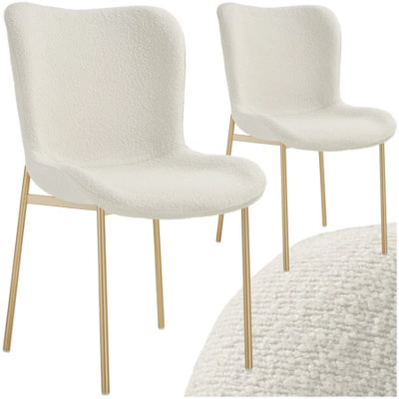 Image of Tectake Set Of 2 Dining Chair Tessa - Ergonomic High Backrest, Slim Steel Legs, Soft Fabric - Boucle White/gold