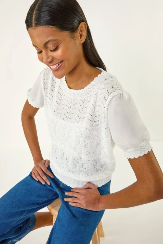 Image of Roman Womens Pointelle Knit Tee in Ivory Size: 18 Ivory Female 18