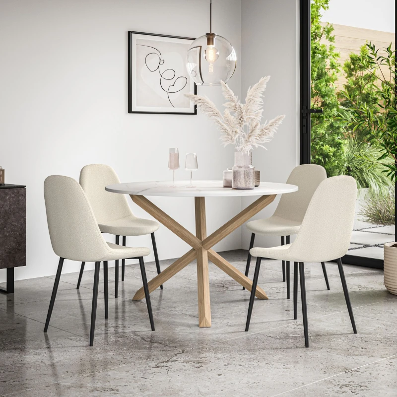 Image of More4Homes Malvern Round Dining Table And Chairs - Marble Table Top W Solid Oak Legs + Maya Boucle Dining Chair Set Of 4 (Ivory White)