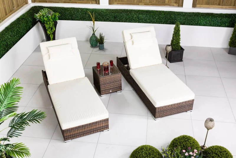 Image of Thats Furniture Rattan Sun Loungers Set of 2 with Side Table Sun bed 6 Positions Cover in Brown Brown Unisex