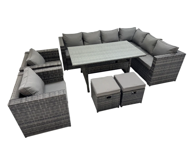 Image of Fimous Rattan Garden Furniture Set Outdoor 10 Seater Patio Corner Sofa Sets With Table 2 Chairs 2 Small Stools Dark Grey Mixed