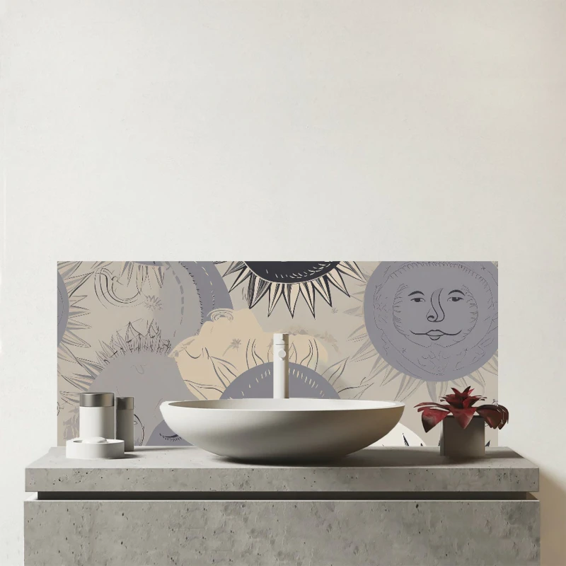 Image of Warren Reed - Designer Grey Black Abstract Moon & Sun Glass Bathroom Splashback Grey Unisex