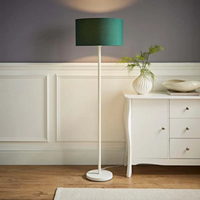 Image of ValueLights Charlie White Metal Single Stem Floor Lamp with Fabric Drum Lamp Shade Bottle Green