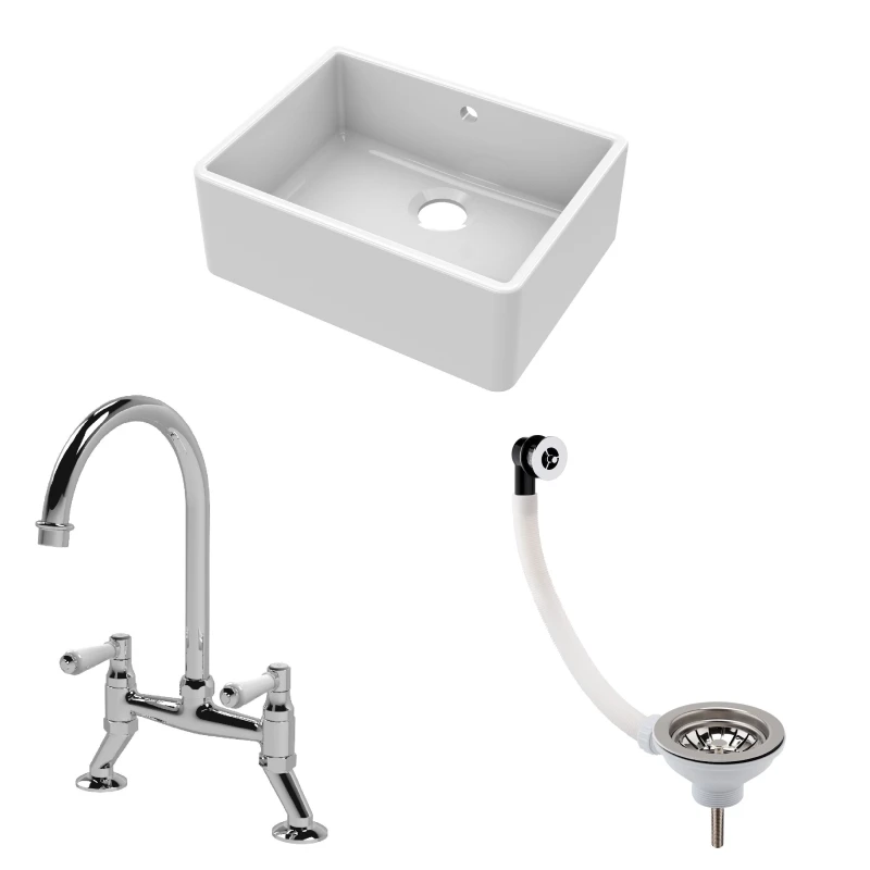 Image of Balterley Fireclay 1 Bowl Butler Sink Overflow Waste Mixer Tap 595mm in White White Unisex