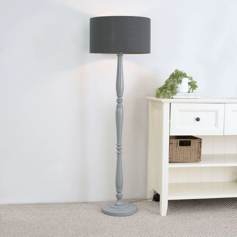 Image of ValueLights Victoria Grey Wood Traditional Stem Floor Lamp with Fabric Drum Shade Charcoal