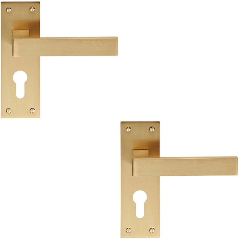 Image of Loops 2x PAIR Straight Square Handle on Euro Lock Backplate 150 x 50mm Satin Brass Metallics