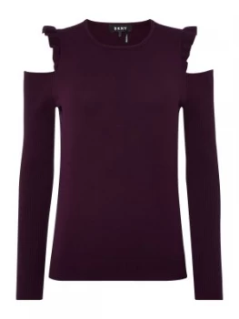 Image of DKNY Crew neck cold shoulder ruffle jumper Aubergine