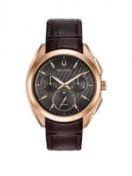 Image of Bulova Curv Black And Rose Gold Chronograph Dial Brown Leather Strap Mens Watch