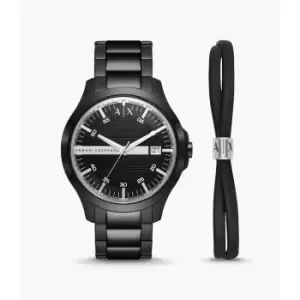 Image of Armani Exchange Mens Three-Hand Date Stainless Steel Watch And Bracelet Gift Set - Black