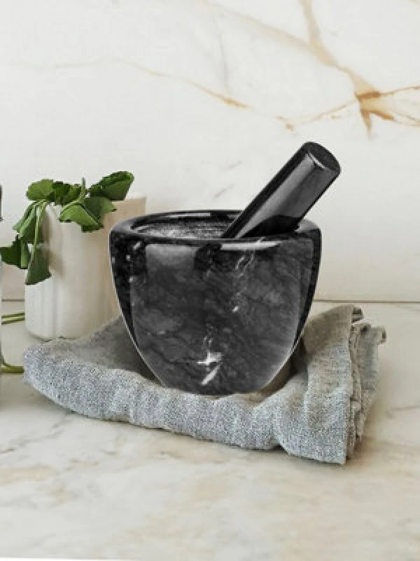 Image of Orsina Black Marble Plain Mortar And Pestle, Durable Natural Marble Grinder With Polished Finish