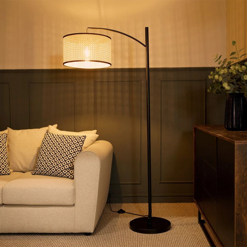 Image of ValueLights Preto Black Metal Curved Floor Lamp With Cane Shade Black