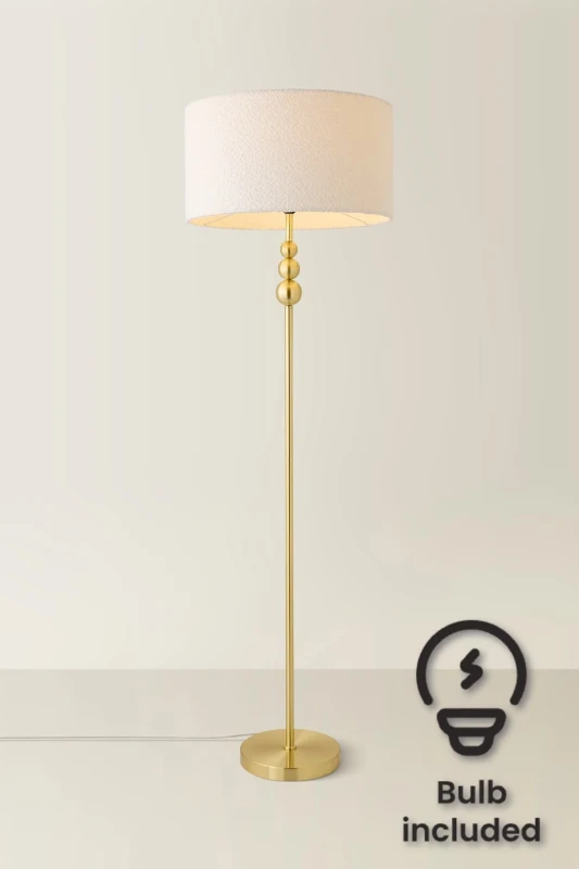 Image of ValueLights ValueLights Marissa Cream Boucle Shade with Brushed Gold Stacked Ball Floor Lamp with Bulb Cream One Size Unisex 5059406051869
