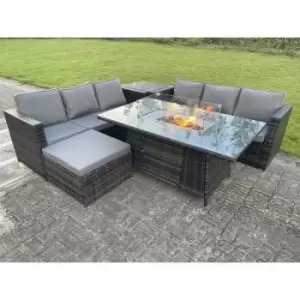 Image of Fimous 6 Seater Outdoor Dark Grey Rattan Lounge Complete Sofa Set with Gas Fire Pit Dining Table, Gas Heater and Big Footstool