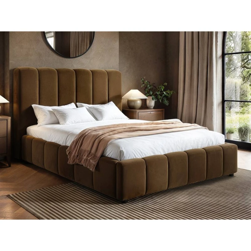 Image of Solace+Co Emilie Ribbed Ottoman Bed Brown Velvet Size: Single Brown Unisex Single