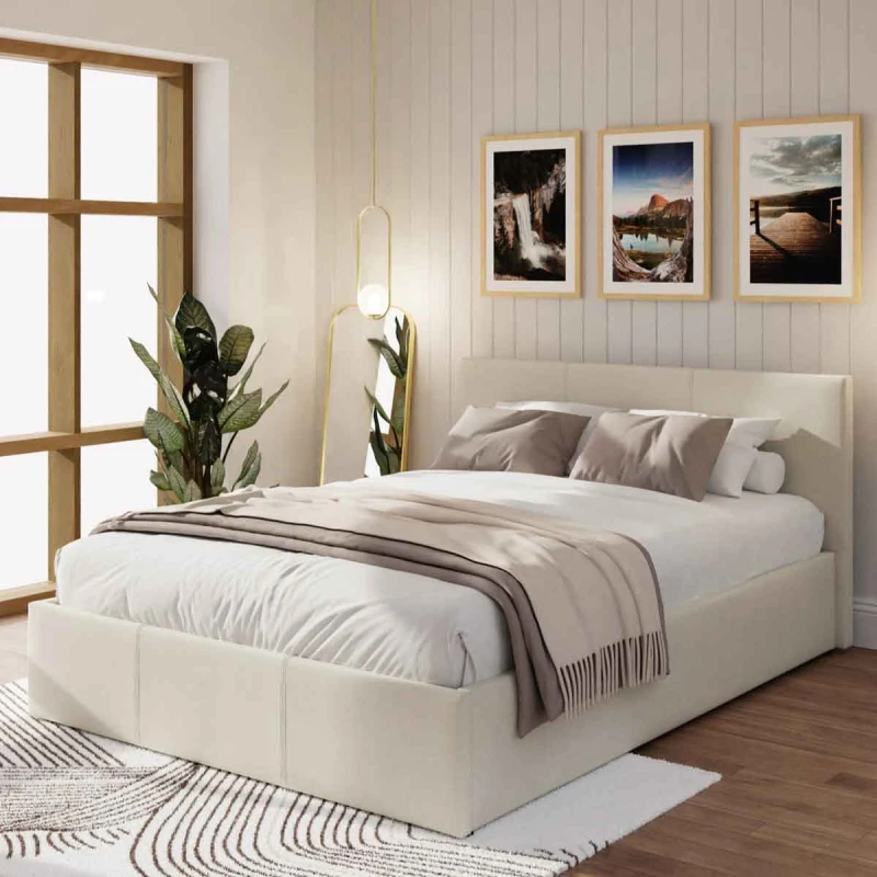 Image of GFW End Lift Double Ottoman Natural Fabric Bed & Bonnel Mattress, Cream EL135NTSB