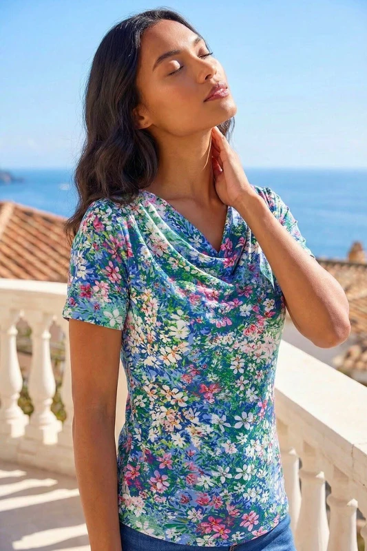 Image of Roman Womens Floral Print Cowl Neck Stretch Top in Navy Size: 18 Navy Female 18