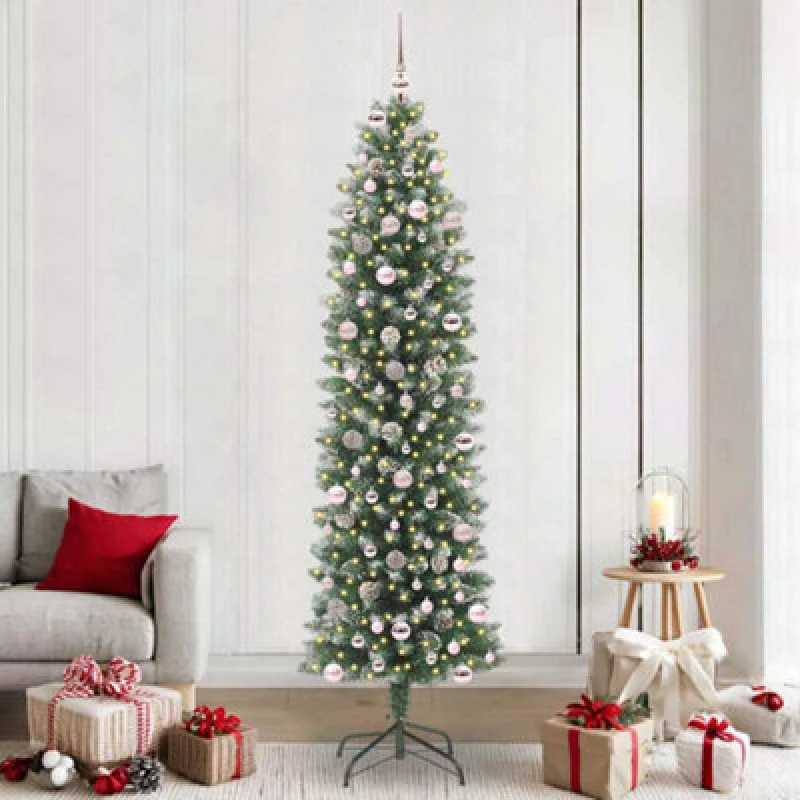 Image of vidaXL Artificial Slim Christmas Tree with Pink Balls Green and white 240 cm, Green 3395319