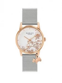 Image of Radley Silver Floral And Rose Gold Detail Dog Charm Dial Stainless Steel Mesh Strap Ladies Watch