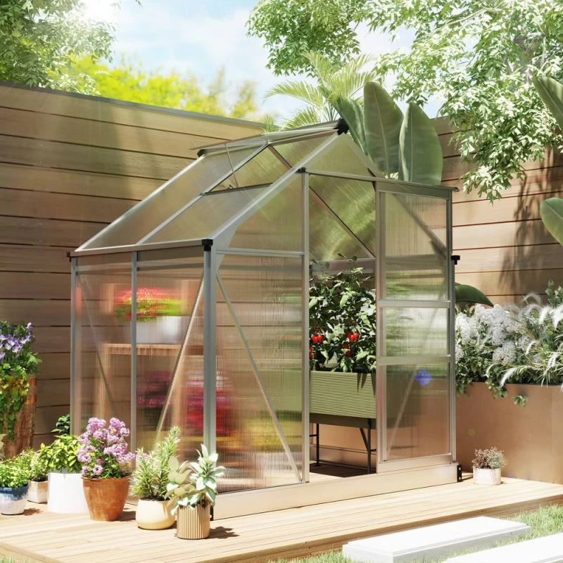 Image of OUTSUNNY 6x4ft Walk-In Polycarbonate Greenhouse Plant Grow Galvanied Aluminium in Silver Silver Unisex