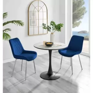 Image of Furniture Box Elina White Marble Effect Round Dining Table and 2 Navy Pesaro Silver Chairs