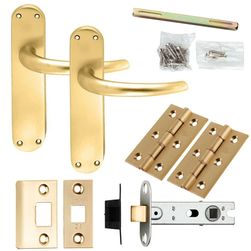 Image of Loops Door Handle & Latch Pack Satin Brass Slim Round Bar Lever Curved Backplate Metallics