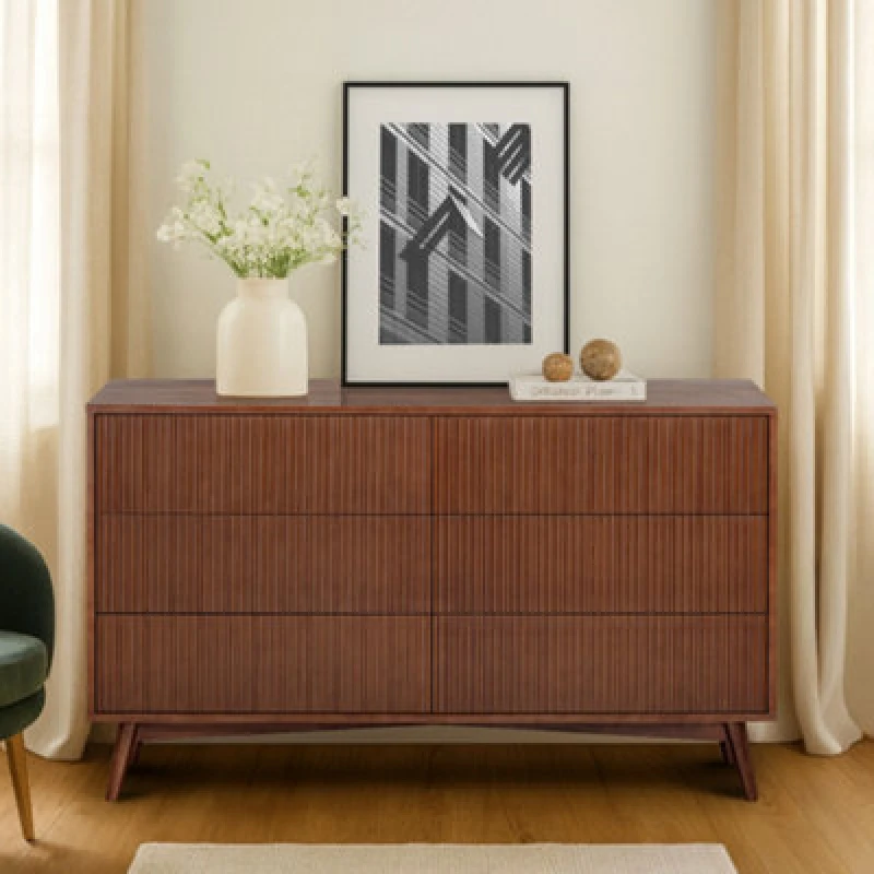 Image of Teamson Home Tremolo Chest Of Drawers 6 Fluted Push-Open Drawer Bedroom Dresser, Walnut