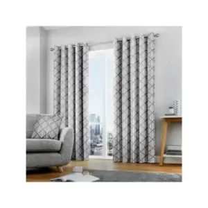 Image of Brooklyn Geometric 100% Cotton Eyelet Lined Curtains, Grey, 46 x 54" - Fusion